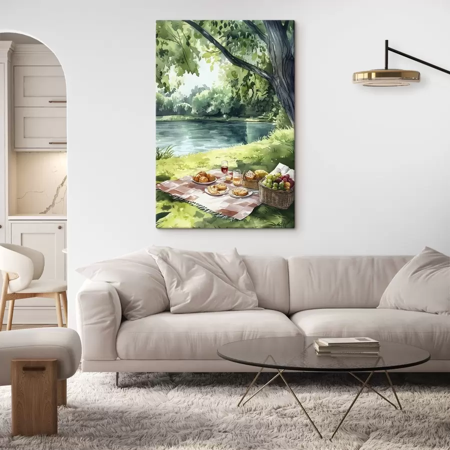 Pilt Kaunis romantiline piknik suvise järve ääres, puuviljad, rohelus s42451