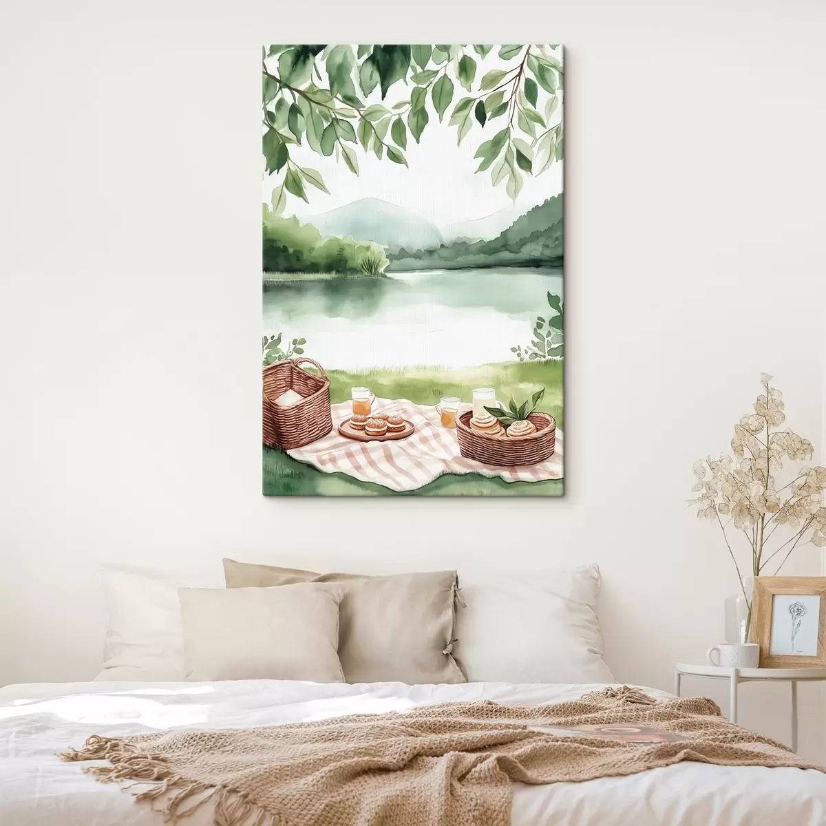 Pilt Akvarellstiilis suvine piknik, rustikaalne, järv, rohelus, toidukorvid  s42452