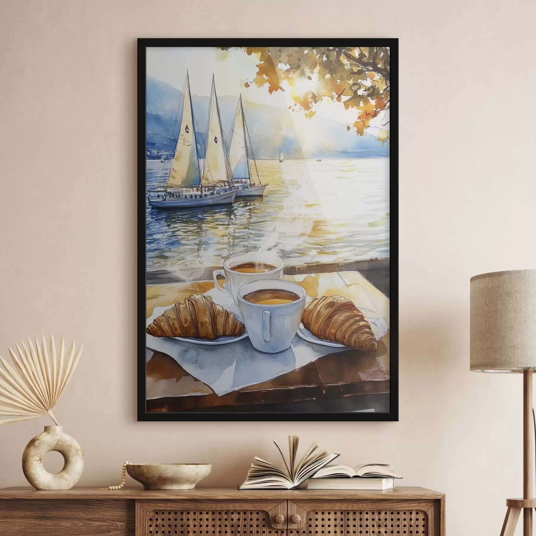 Fototapeedid Tass kohvi, päikeseloojangu värvid, järv, purjekad, loodus, reisimine f42443