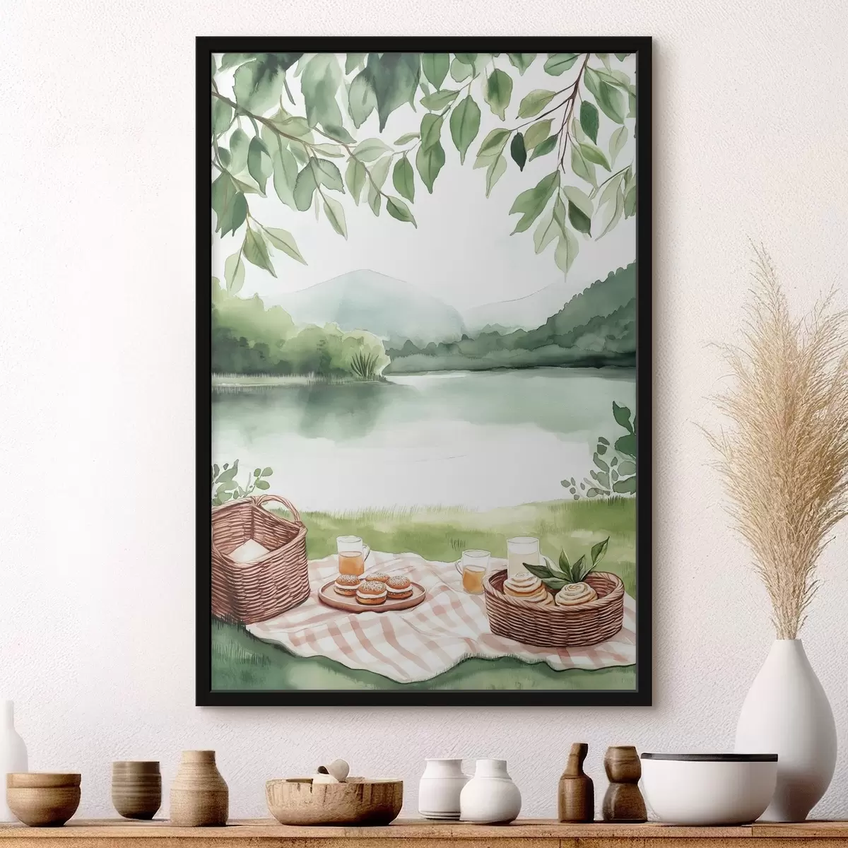 Plakat Akvarellstiilis suvine piknik, rustikaalne, järv, rohelus, toidukorvid f42452
