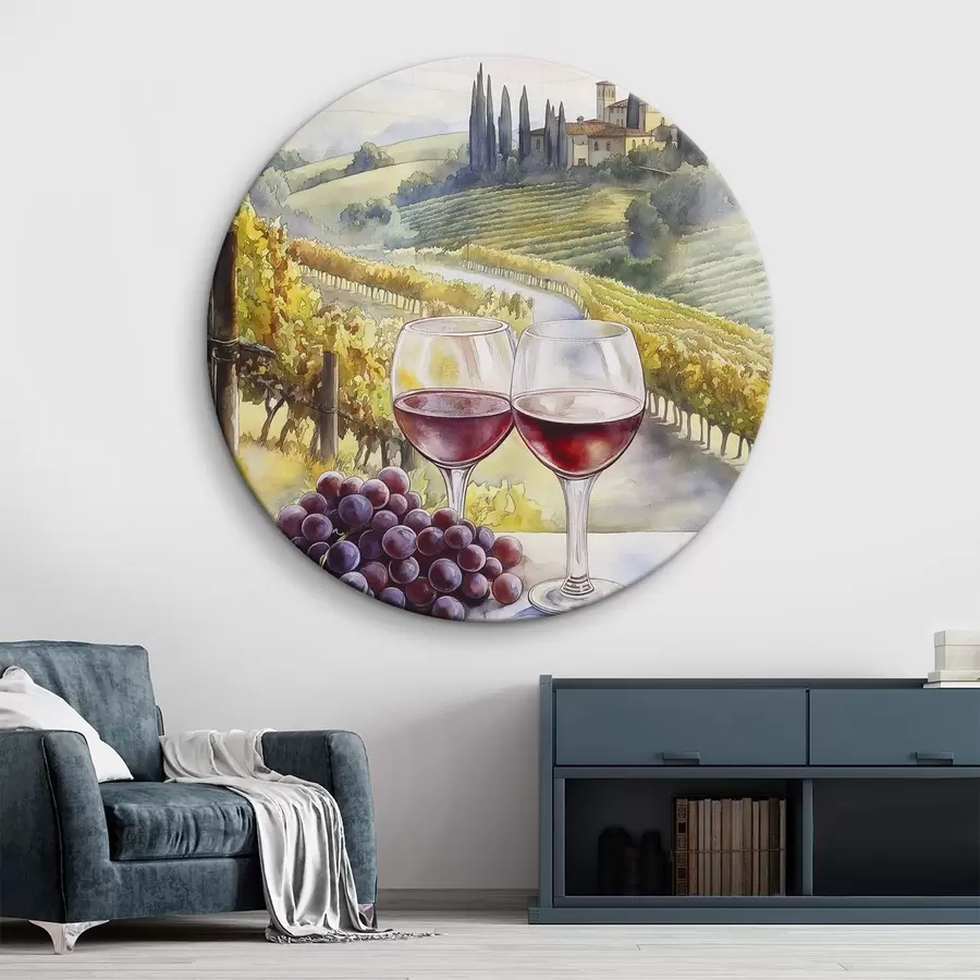 Pilt Päikeseloojang Toscanas, veinikelder, vana arhitektuur, akvarellistiil, Itaalia r42446