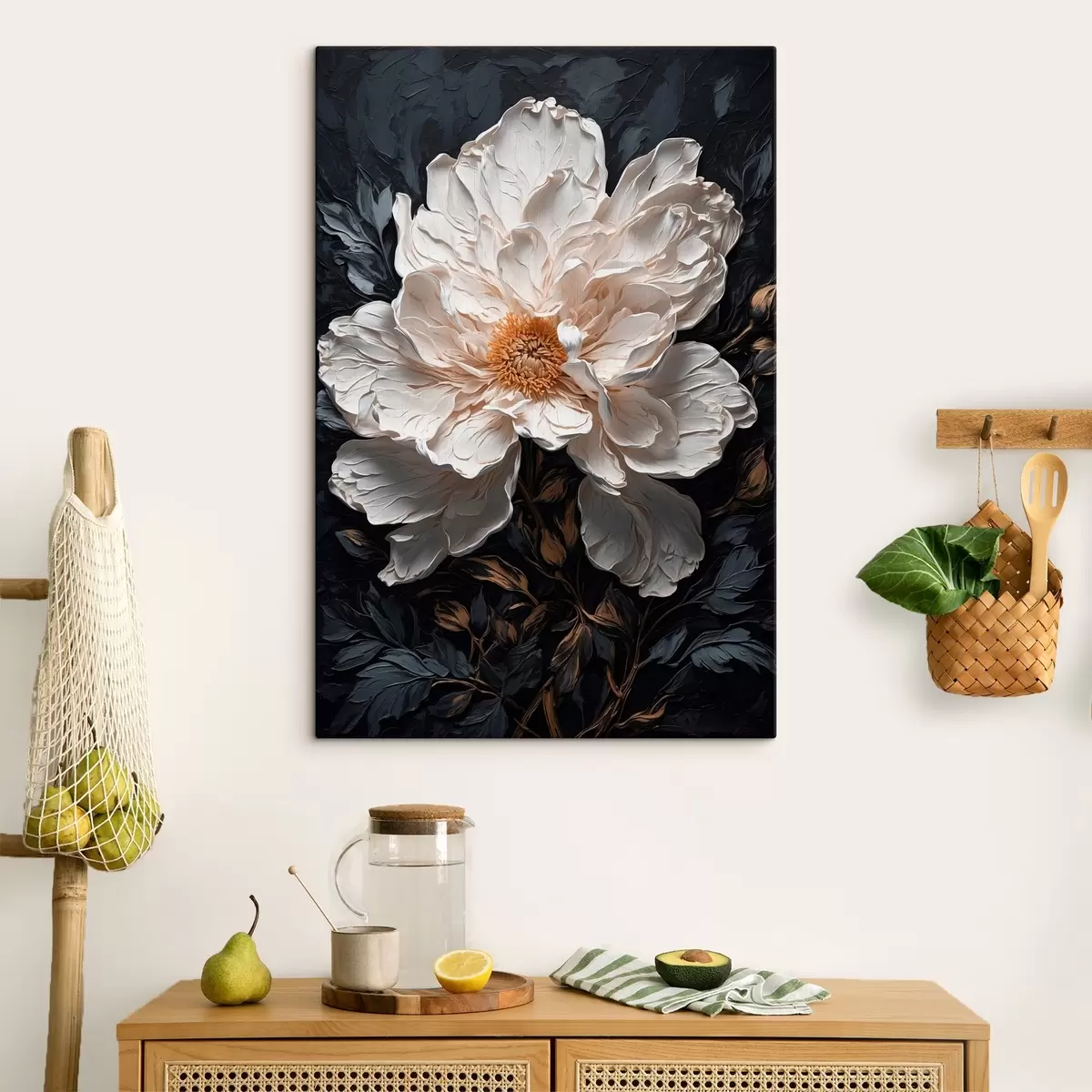 Pilt Valge lill mustal taustal õlimaali stiilis s42544