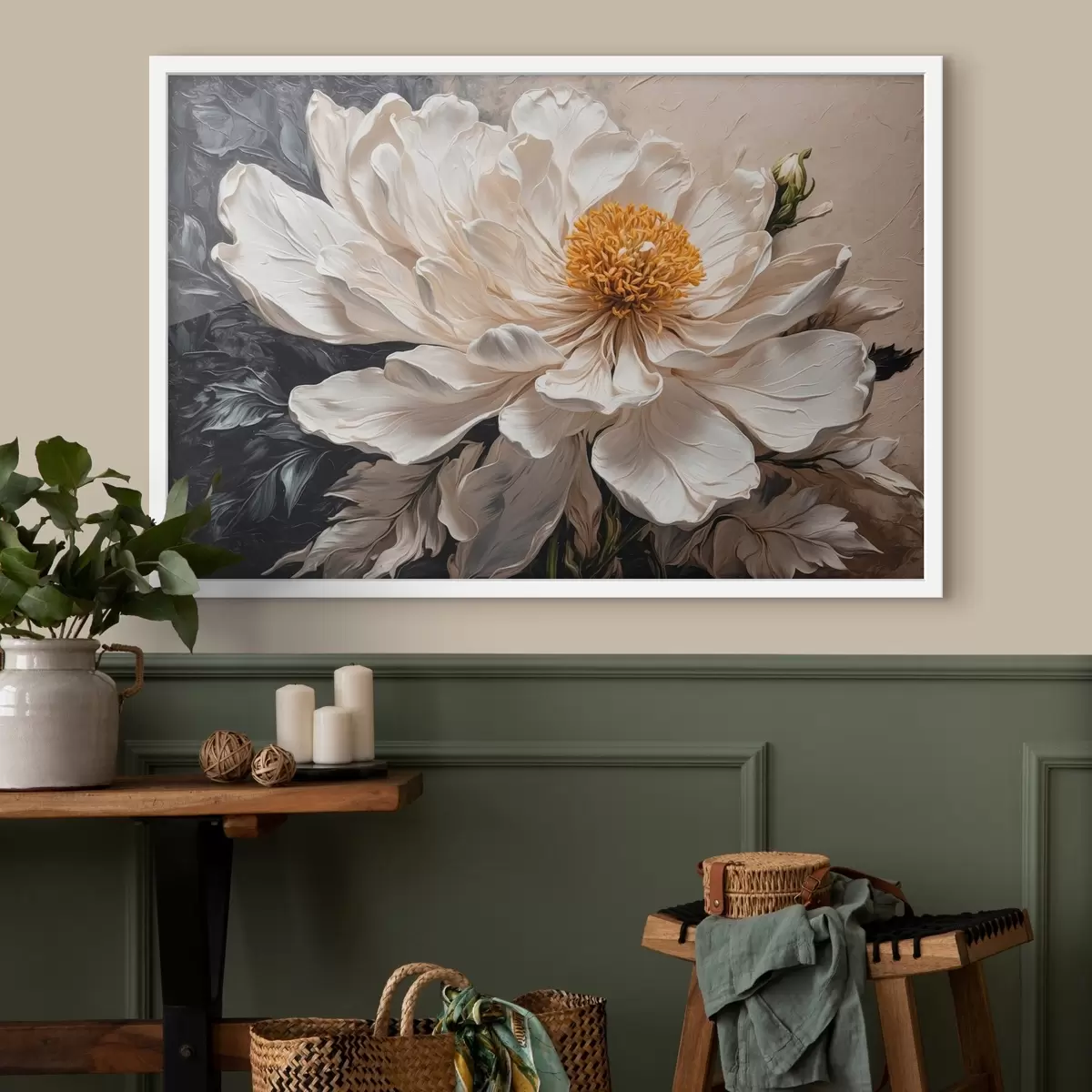 Plakat Valge lill mustal ja beežil taustal f42522