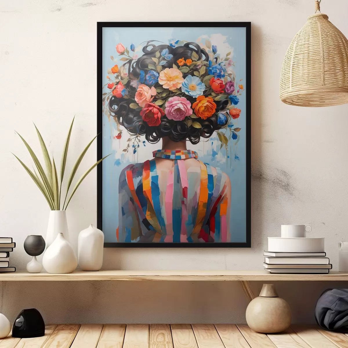 Plakat Tüdruk värvilise kleidi ja lilledega f42524