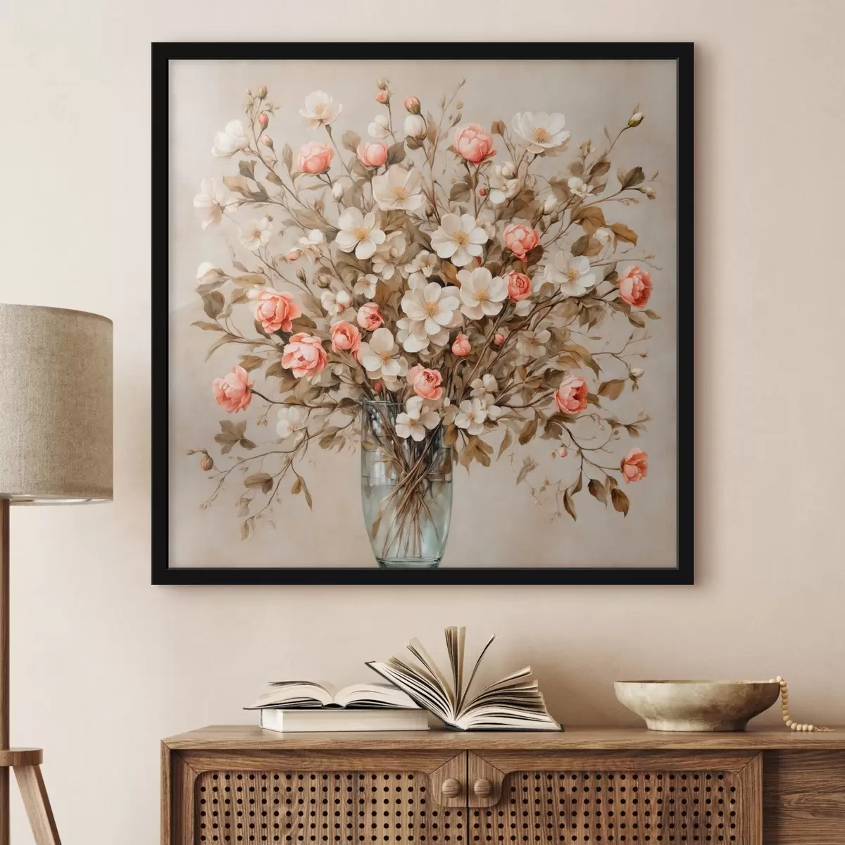 Plakat Lilled läbipaistvas vaasis beežil taustal f42534