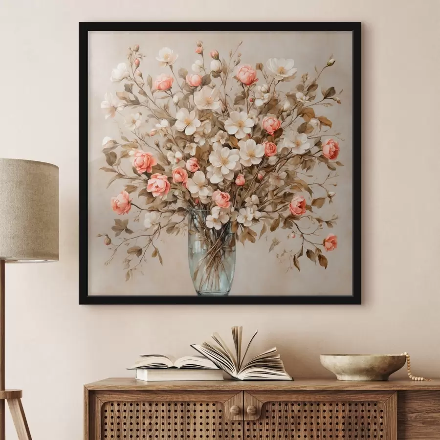 Fototapeedid Lilled läbipaistvas vaasis beežil taustal f42534