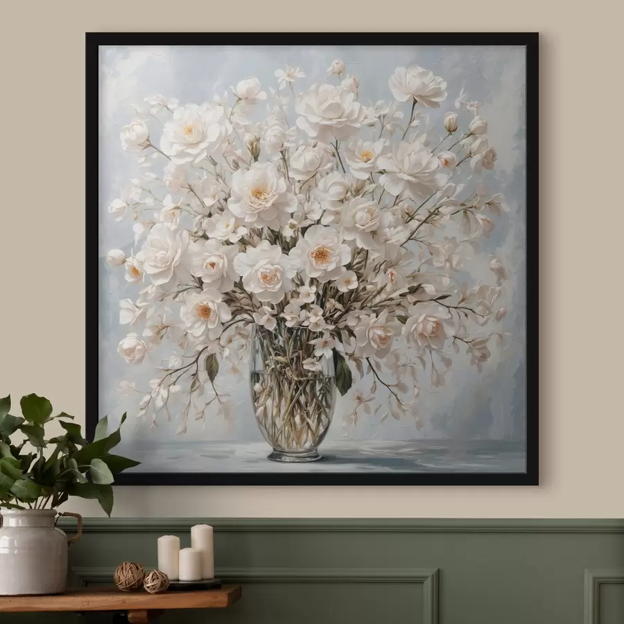 Fototapeedid Valged lilled läbipaistvas vaasis akrüülmaali stiilis f42545