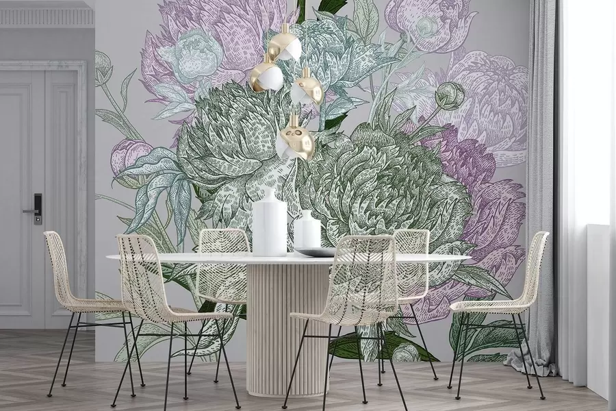 Fototapeedid Üksikasjalik lillejooneline kujundus, millel on suured rohelise, roosa ja lilla toonides pioonid ja lehed w08663v1