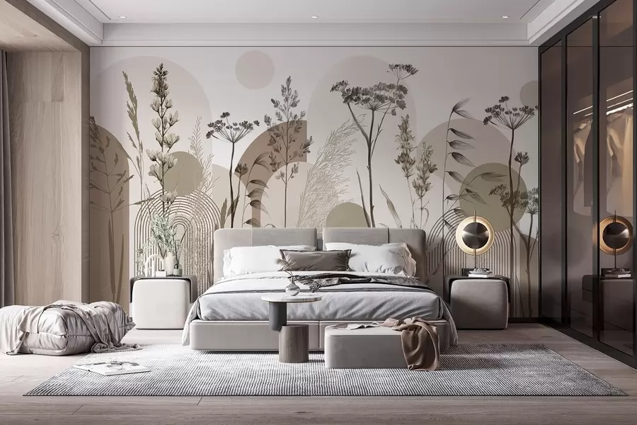 Fototapeedid Neutraalsetes toonides taimede ja lillede kollektsioon abstraktsel kaarega taustal, mis on pehmete beežide ja pruunide toonidega w08665