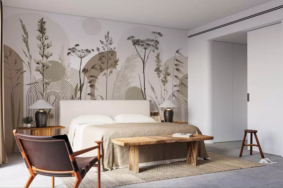 Fototapeedid Neutraalsetes toonides taimede ja lillede kollektsioon abstraktsel kaarega taustal, mis on pehmete beežide ja pruunide toonidega w08665