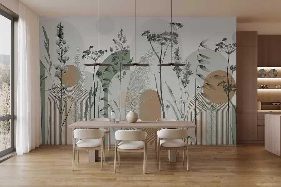 Fototapeedid Neutraalsetes toonides taimede ja lillede kollektsioon abstraktsel kaarega taustal, mis on pehmete beežide ja pruunide toonidega w08665