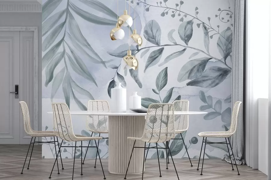 Fototapeedid Botaaniline trükis lehtede ja lilleokstega pehmete pastelsete värvidega, akvarellilaadsel taustal w08668v1