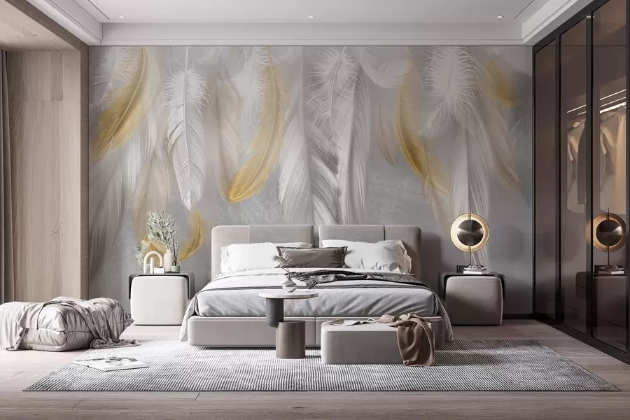 Fototapeedid Valged ja kollased suled ripuvad pehmel halli taustal, luues õrna ja õhulise kompositsiooni w08670