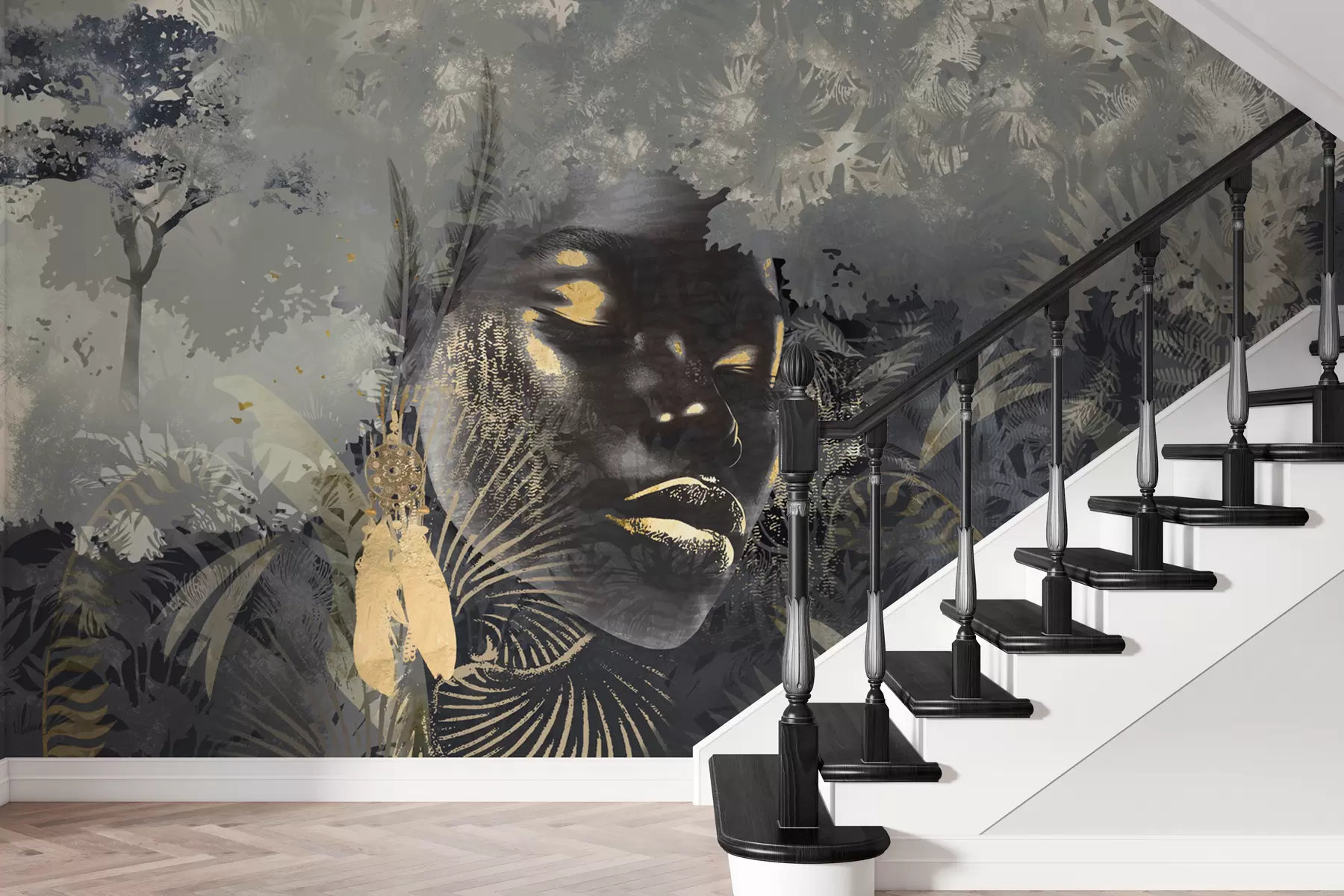 Fototapeedid Maagiline Aafrika koos vihmametsade, tüdrukute ja vektorelementidega w02642