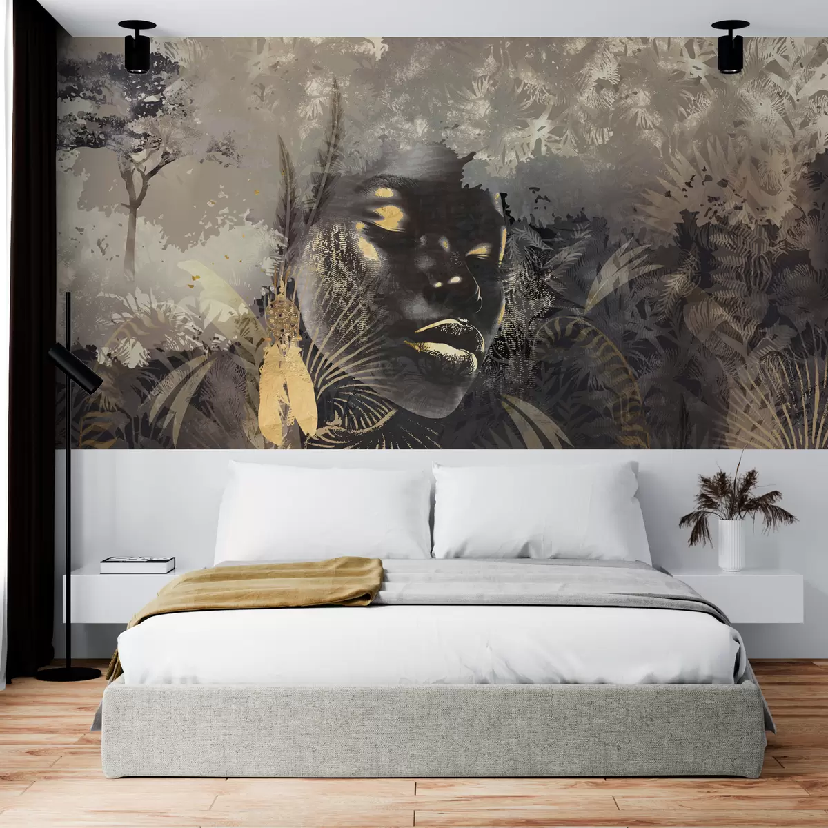 Fototapeedid Maagiline Aafrika koos vihmametsade, tüdrukute ja vektorelementidega pruunikas toonis w02642v2