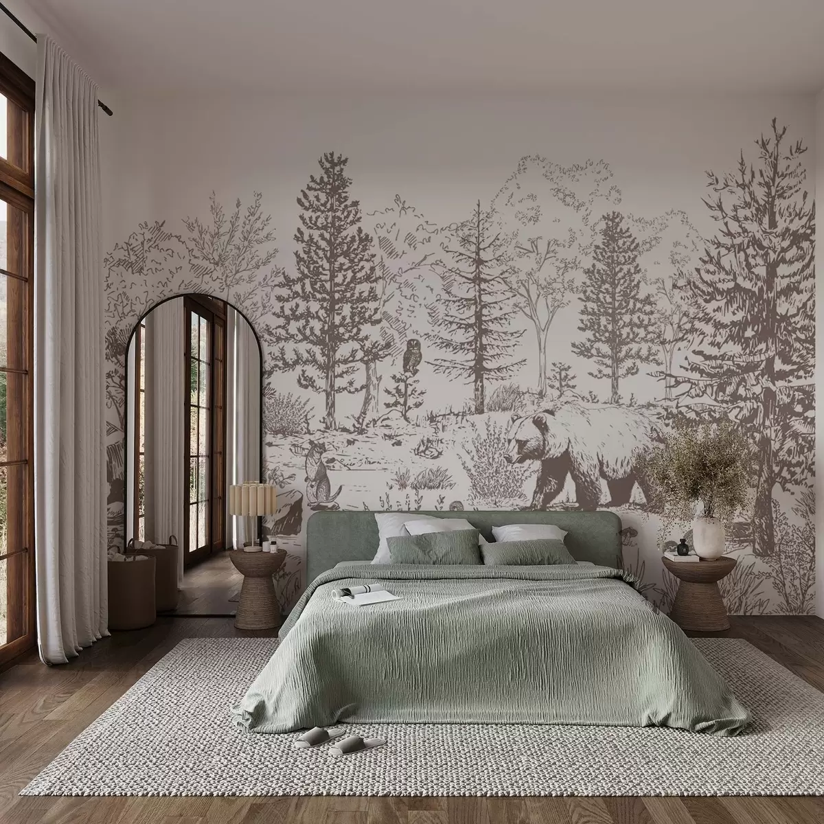 Fototapeedid Metsaelu, puud, metsloomad, karu, rebane, öökull, põõsad, pliiatsiga joonistus, beežid värvid w02929