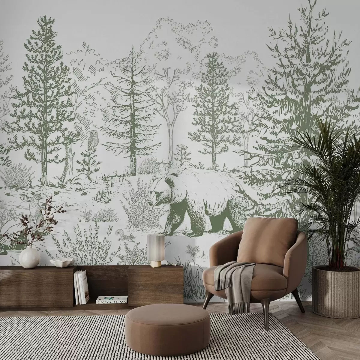 Fototapeedid Metsaelu, puud, metsloomad, karu, rebane, öökull, põõsad, pliiatsiga joonistus, rohelised värvid w02929v2
