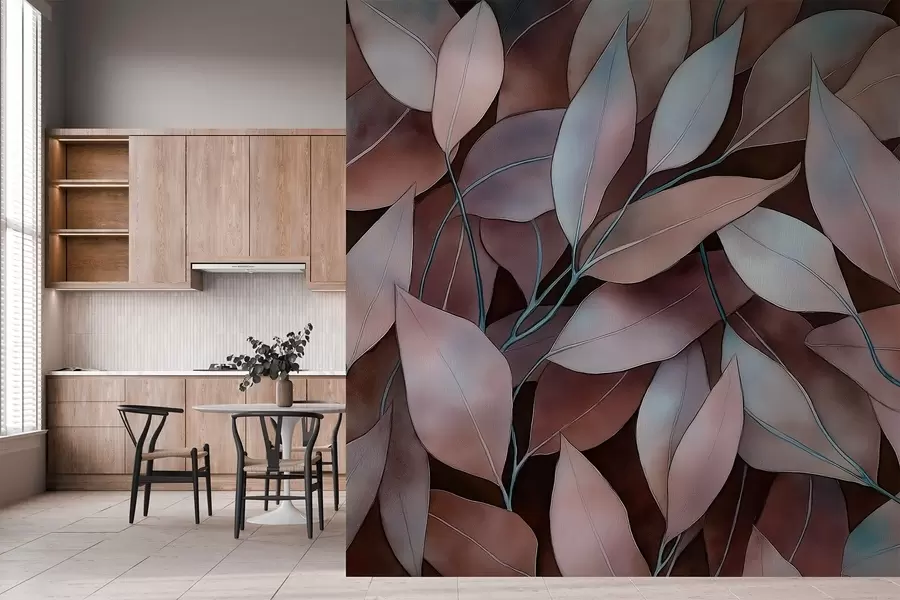 Fototapeedid Eukalüpti lehed, akvarellistiilis joonistus, lillemustriga, pruunid värvid w02931v1