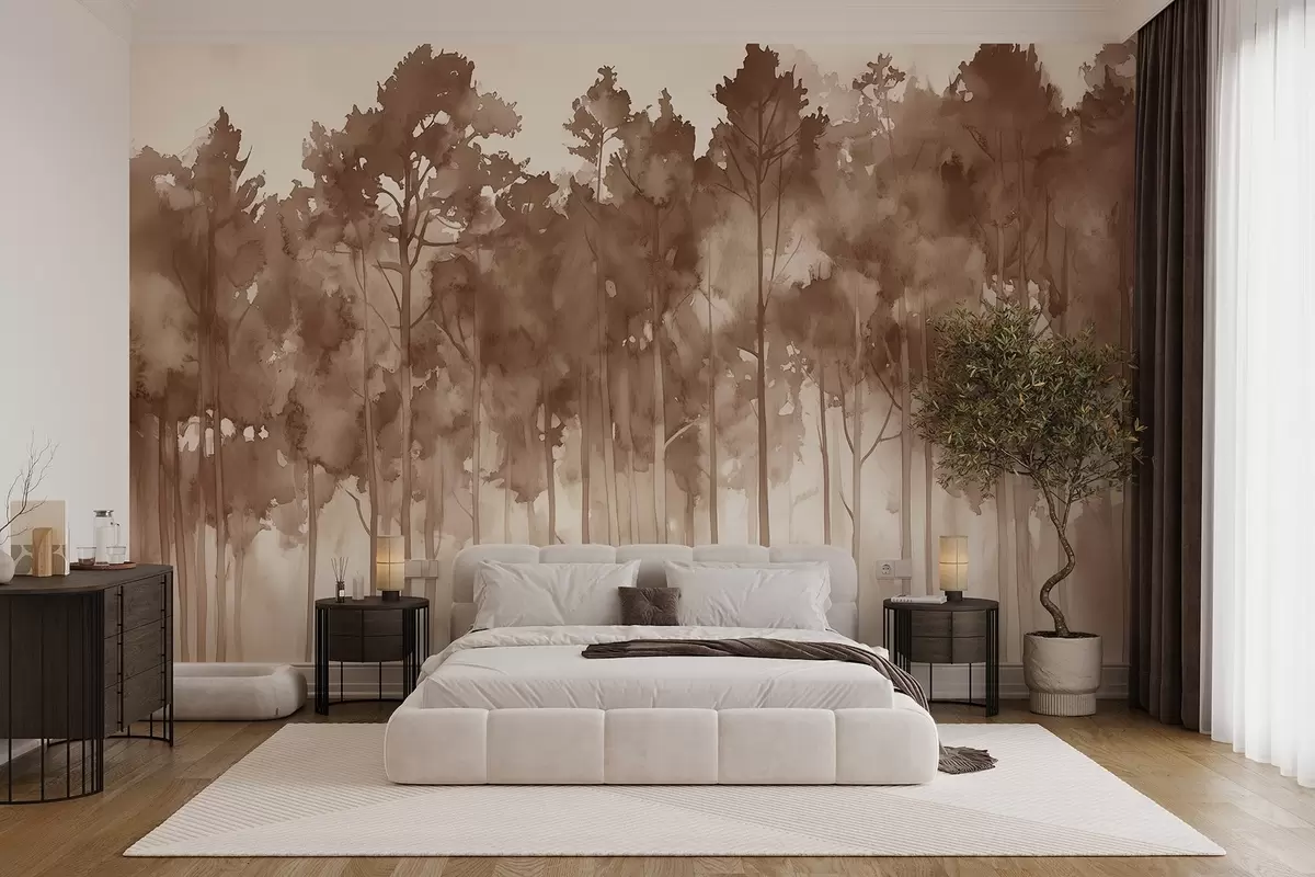 Fototapeedid Akvarell stiilis mets, männid, loodusmaastik, beežid värvid w02937v1