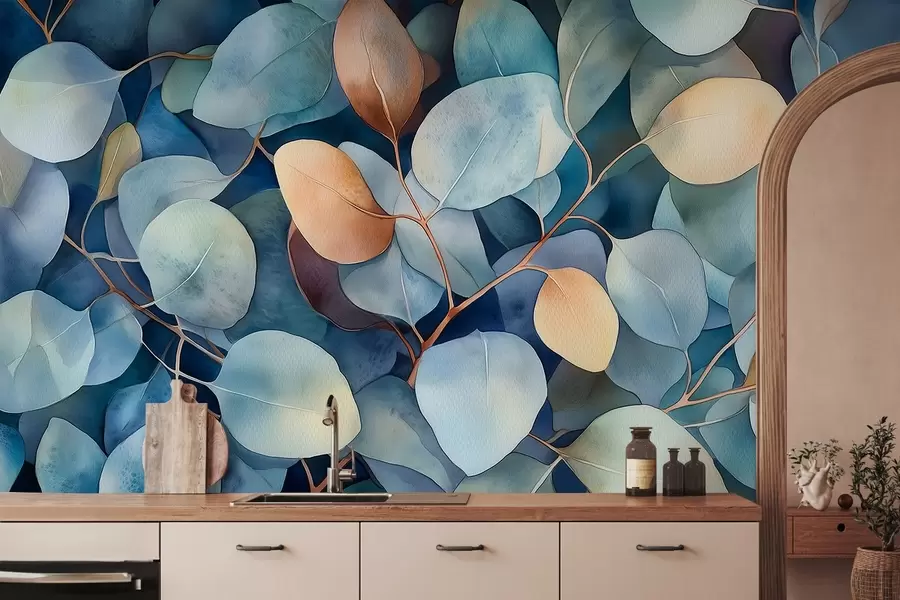 Fototapeedid Ilusad eukalüpti lehed, lillemustriga, akvarellstiilis joonistus w02939