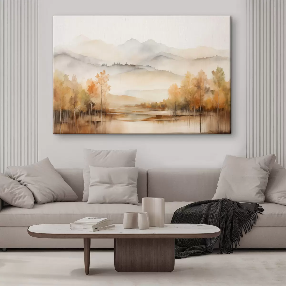 Pilt Maastik, millel on pehmed mäed, rahulik järv, mis peegeldab maastikku ja oranžide lehtedega puudega s42716