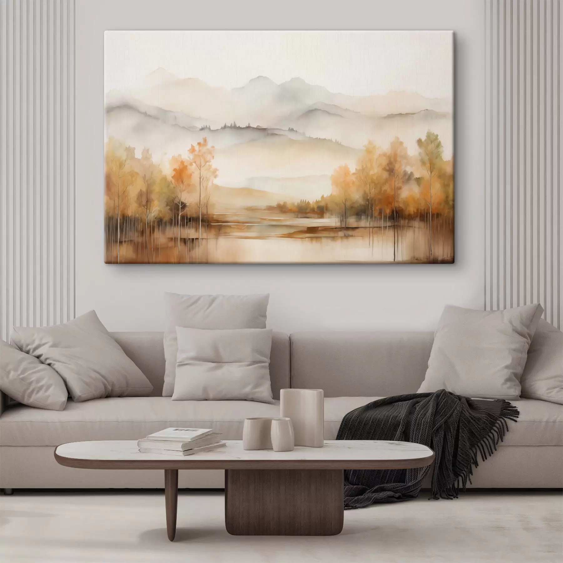 Fototapeedid Maastik, millel on pehmed mäed, rahulik järv, mis peegeldab maastikku ja oranžide lehtedega puudega s42716