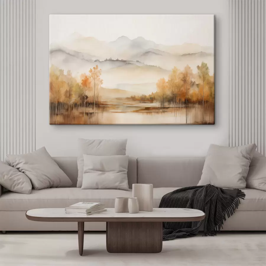 Pilt Maastik, millel on pehmed mäed, rahulik järv, mis peegeldab maastikku ja oranžide lehtedega puudega s42716