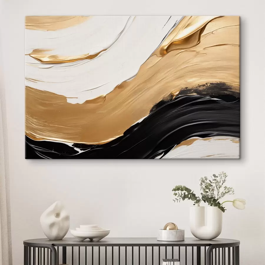 Pilt Abstraktne kompositsioon, mis sisaldab julgeid valge, kollase ja musta värvi värke s42717