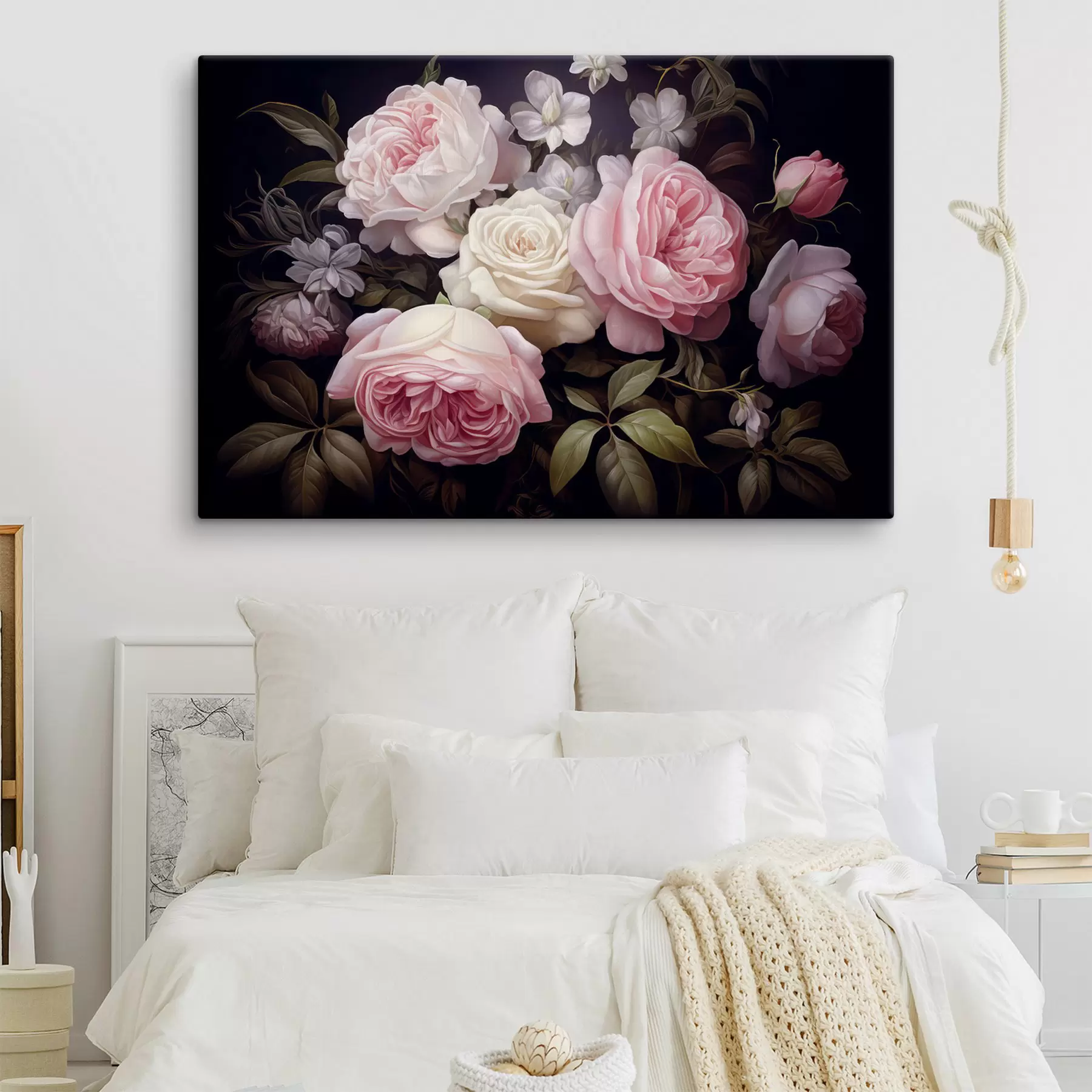 Fototapeedid Roosad ja valged roosid, mis on paigutatud õrnade valgete lillede ja roheliste lehtedega tumedal taustal s42721