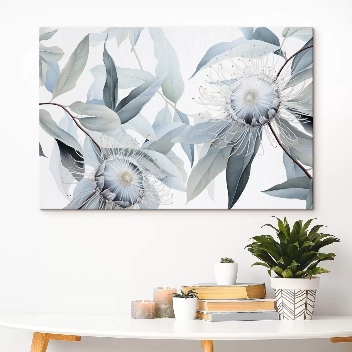 Pilt Detailne botaaniline illustratsioon eukaliptuse valge õiega lilledest, mida ümbritsevad pehmed helerohelised lehed s42725