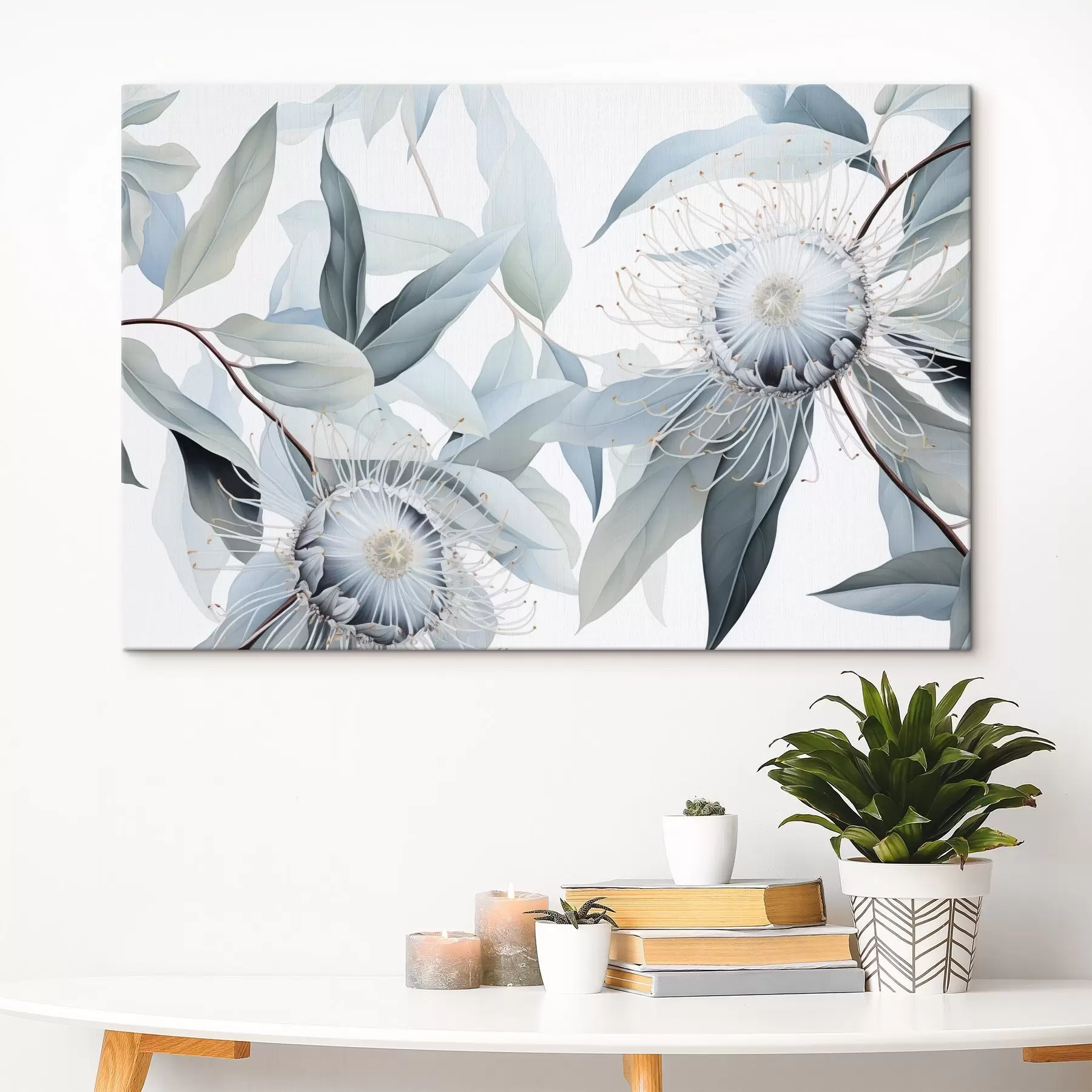 Pilt Detailne botaaniline illustratsioon eukaliptuse valge õiega lilledest, mida ümbritsevad pehmed helerohelised lehed s42725