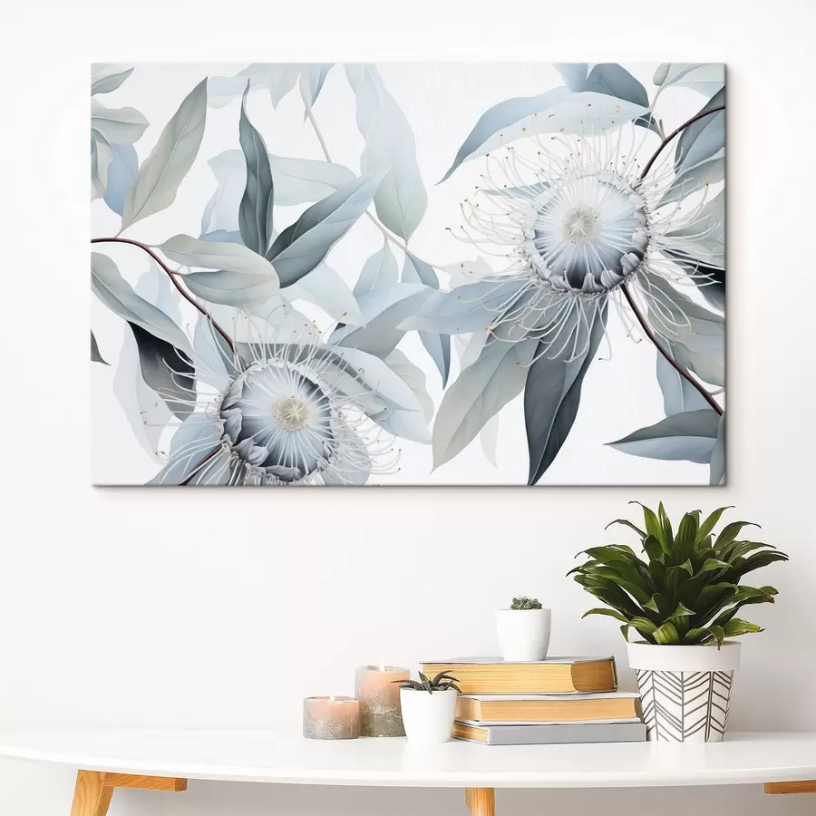 Pilt Detailne botaaniline illustratsioon eukaliptuse valge õiega lilledest, mida ümbritsevad pehmed helerohelised lehed s42725