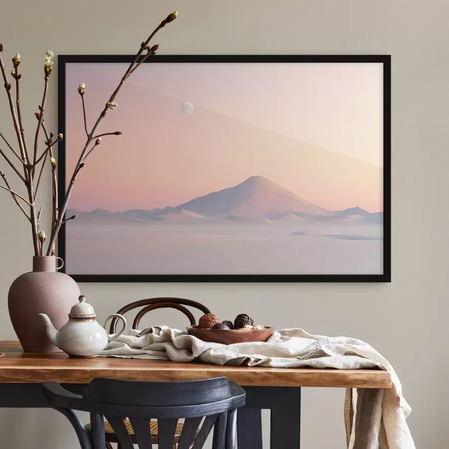 Fototapeedid Pehmete pastelsete värvidega suur mägi õrna nõlvaga, kus taevas on näha kahvatu kuu f42718