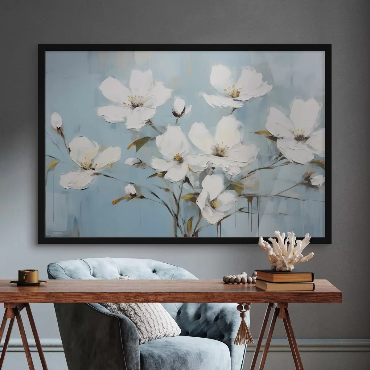 Plakat Valged õrnade kroonlehtede ja roheliste lehtedega lilled helesinisel taustal õlimaali jäljendusega f42719