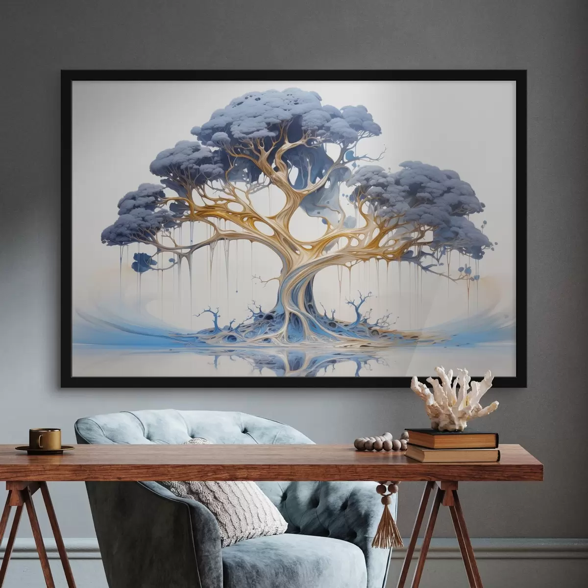 Plakat Stiliseeritud puu keeruliste okste ja lehtedega, millel on siniste ja kollaste toonide segu f42722