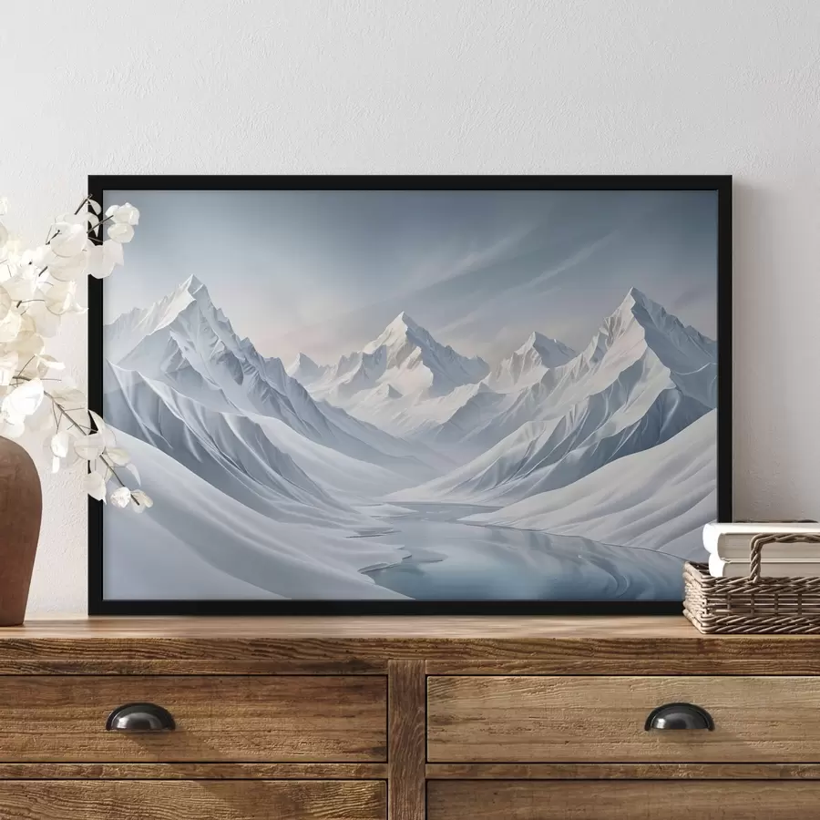 Fototapeedid Teravate tippudega lumega kaetud mäed ja pehmelt astmeline taevas, mis muutub kahvatust helesiniseks f42724