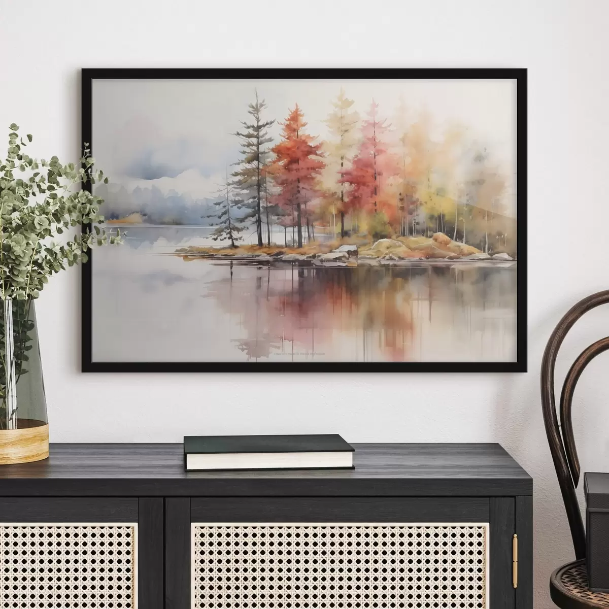 Plakat Akvarellilaadne maastik järvega, mida ümbritsevad elavat sügisvärvi puud f42727