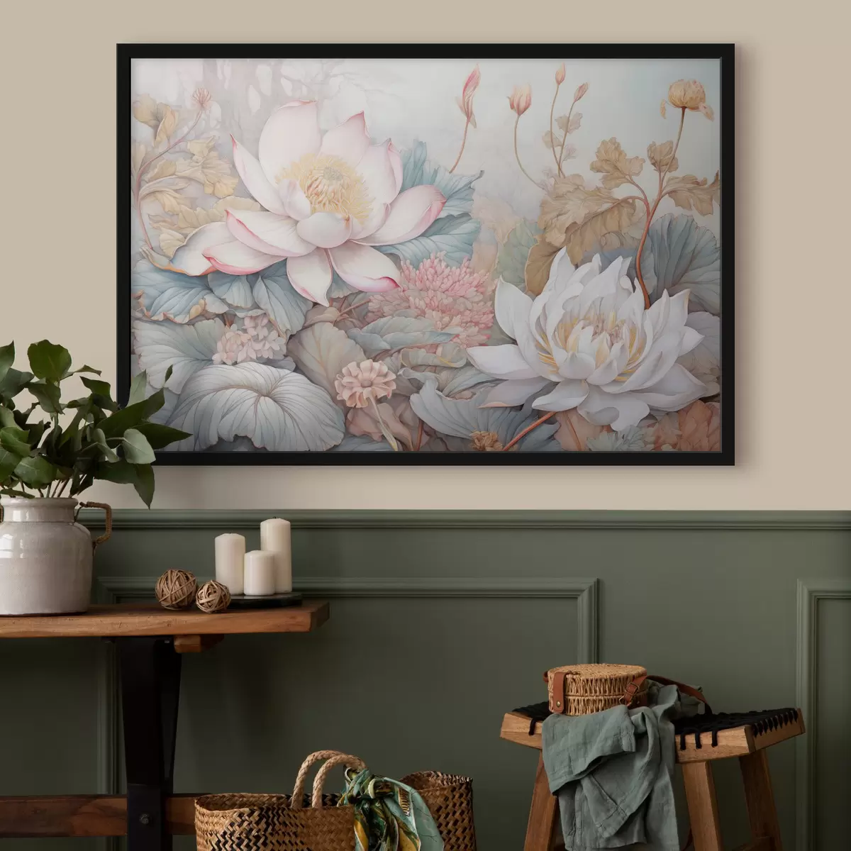 Plakat Suured, õitsevad lootoslilled pehmete roosade ja valgete toonidega, mida ümbritsevad rohelised lehed ja õrnad roosad lehed f42729