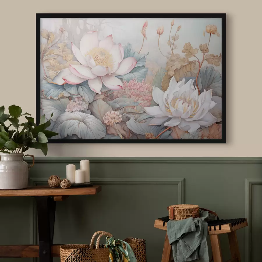 Fototapeedid Suured, õitsevad lootoslilled pehmete roosade ja valgete toonidega, mida ümbritsevad rohelised lehed ja õrnad roosad lehed f42729