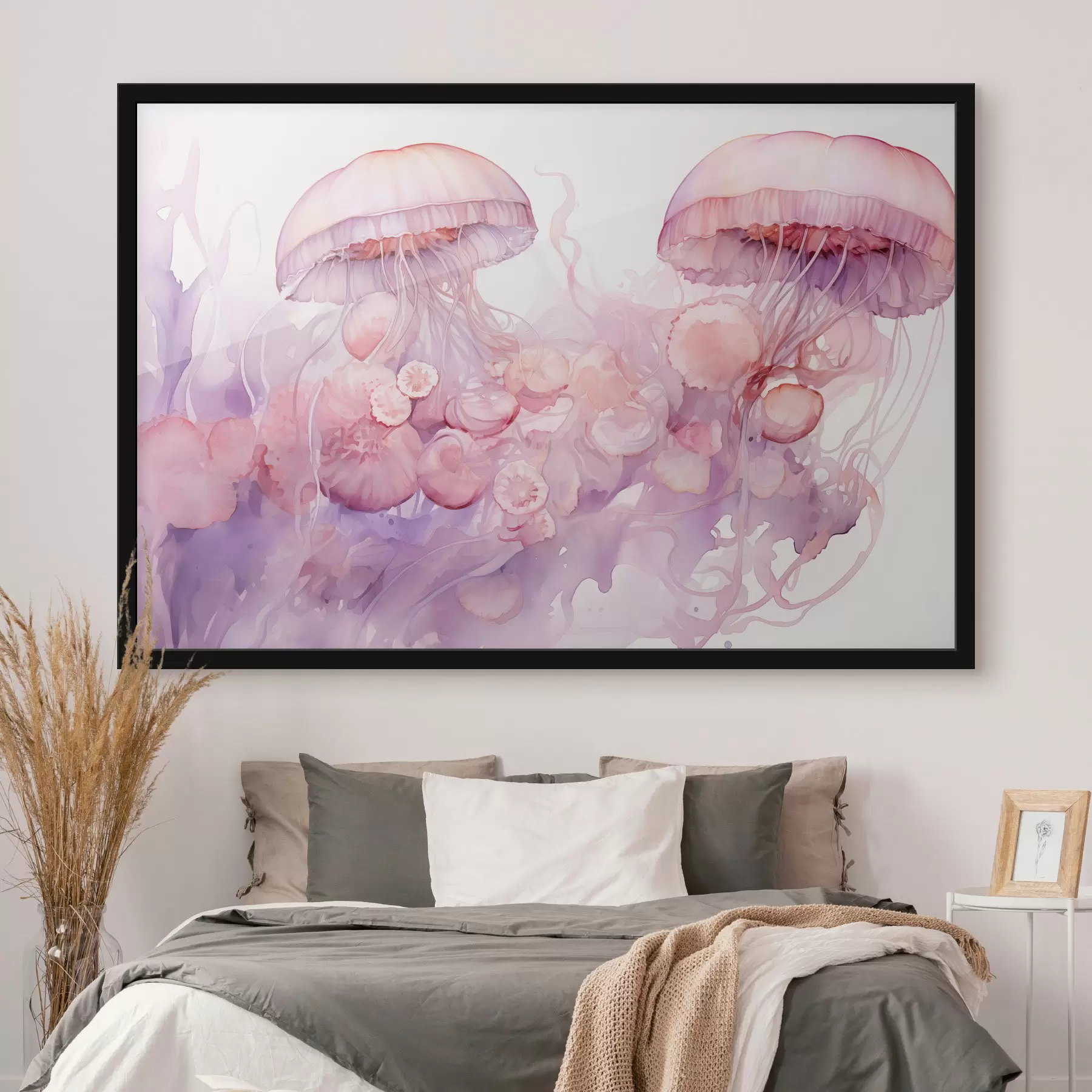 Pilt Roosa meduus, mis hõljub pehmete roosade ja lillade toonide keerises, ümbritsetud abstraktsete kujunditega f42730