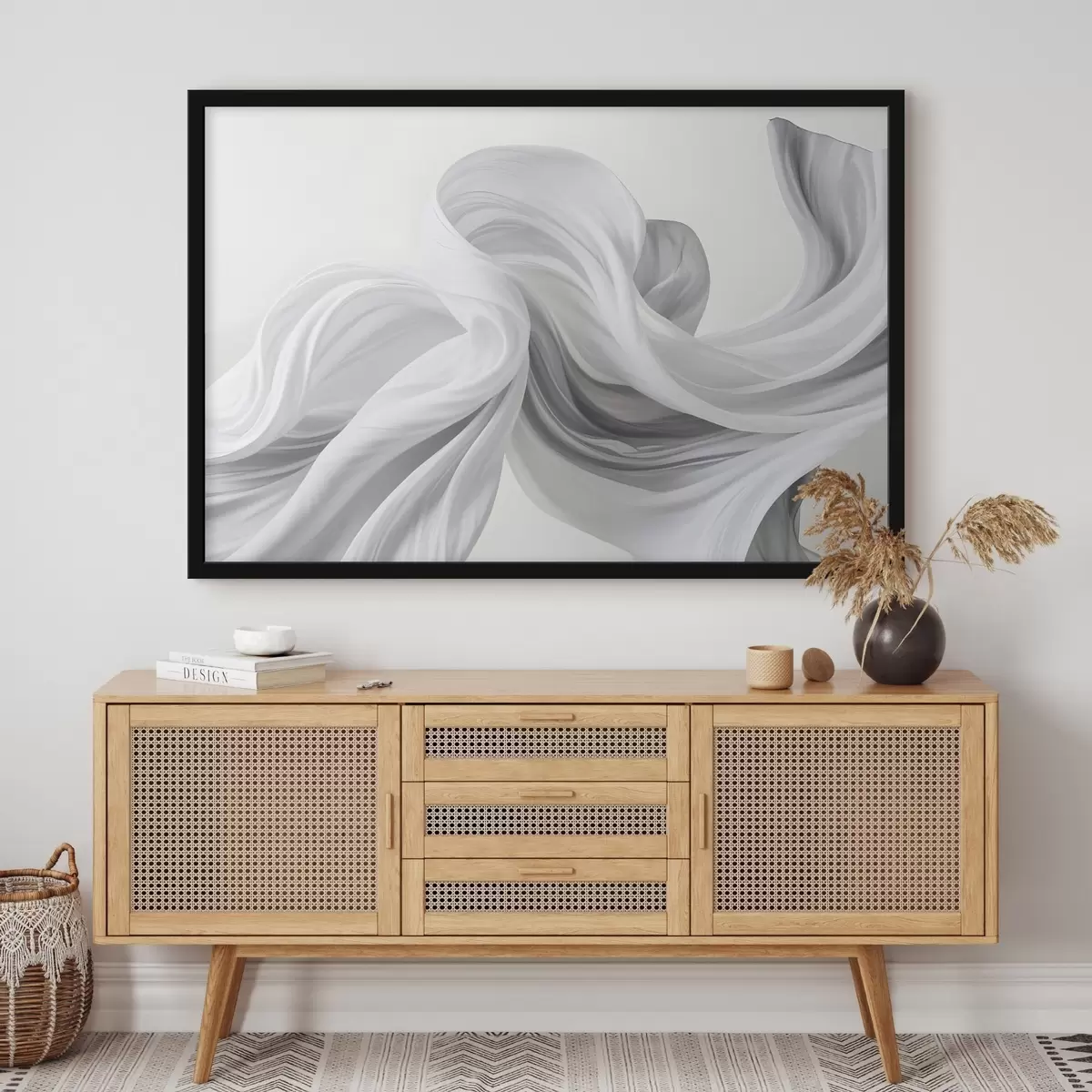 Plakat Voolavad valged ja hallid kangasekujulised vormid, mis keerlevad ja põimuvad heledal taustal f42732