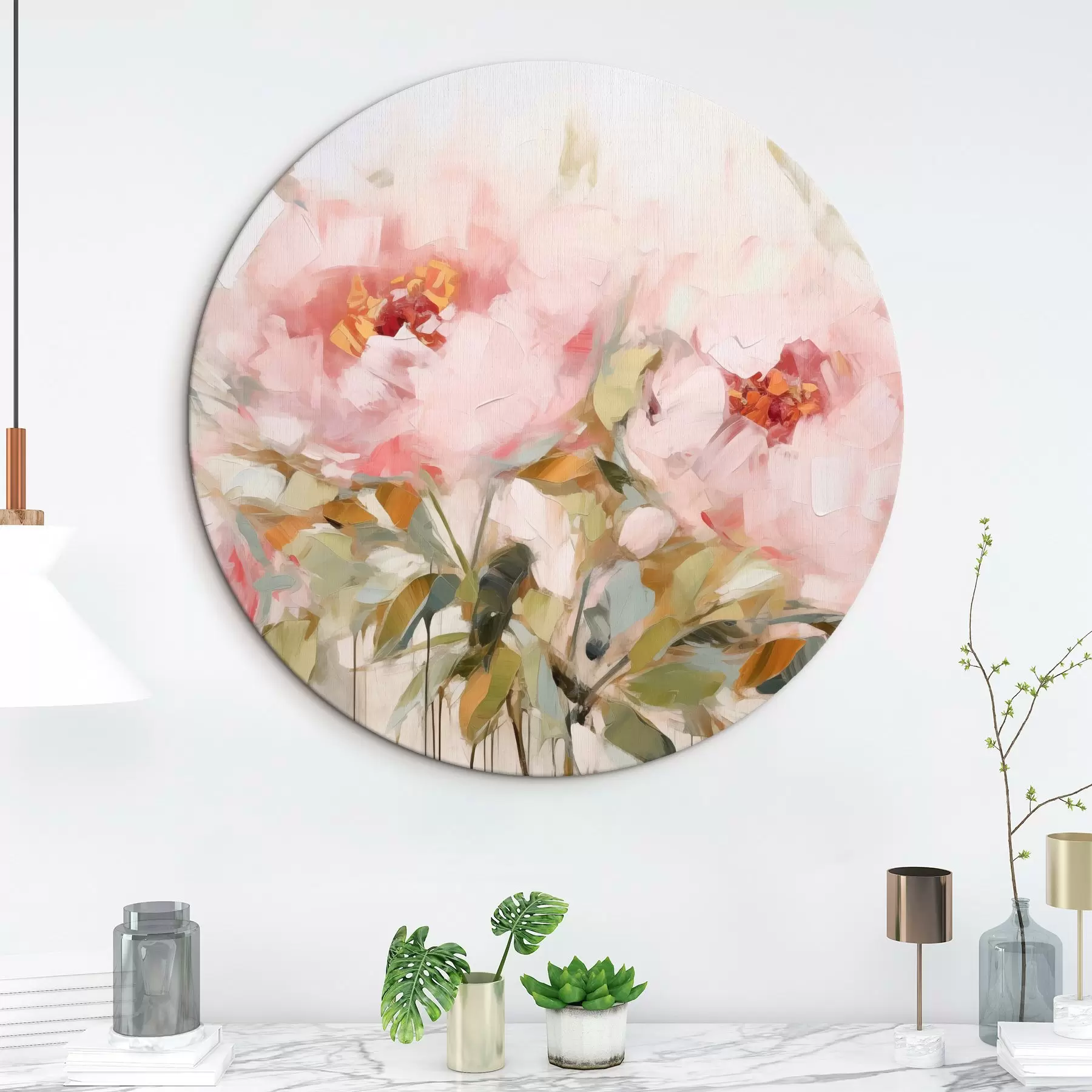 Pilt Õlimaal imitatsioon suurtest roosadest pehmete kroonlehtedega ja kollase keskusega pioonidest, mis on ümbritsetud roheliste lehtedega r42720