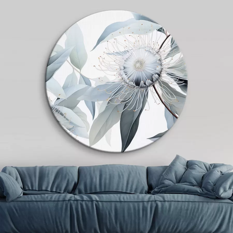 Pilt Detailne botaaniline illustratsioon eukaliptuse valge õiega lilledest, mida ümbritsevad pehmed helerohelised lehed r42725