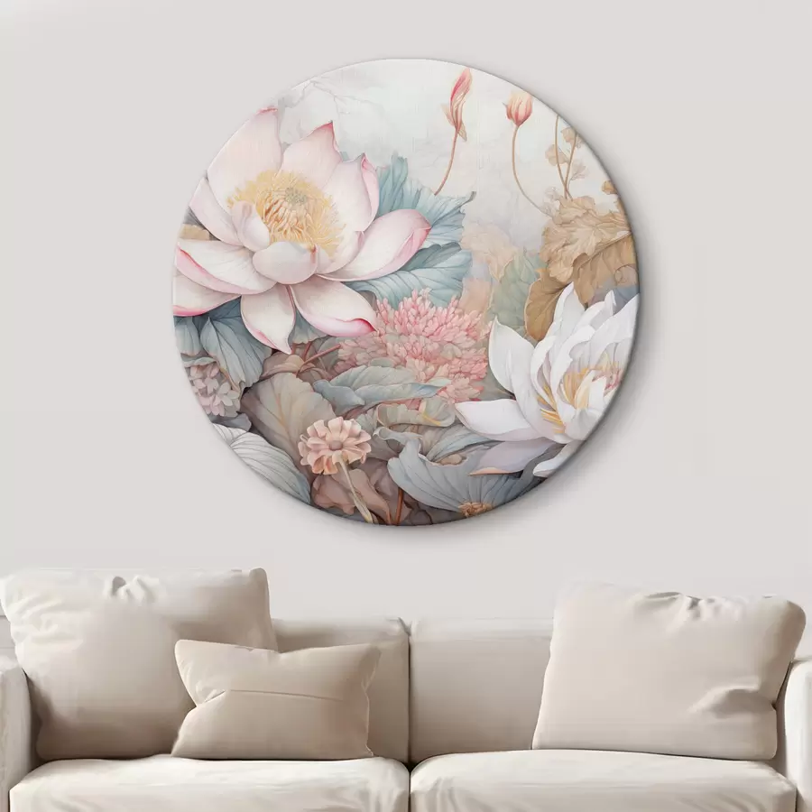 Pilt Suured, õitsevad lootoslilled pehmete roosade ja valgete toonidega, mida ümbritsevad rohelised lehed ja õrnad roosad lehed r42729