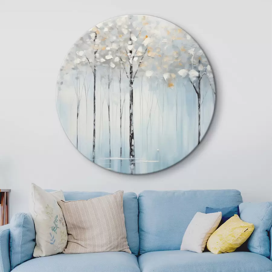 Pilt Kõrged, sihvakad puud siniste lehtedega ja kollaste vihjetega pehmel sinisel taustal, õlimaali jäljendus r42731