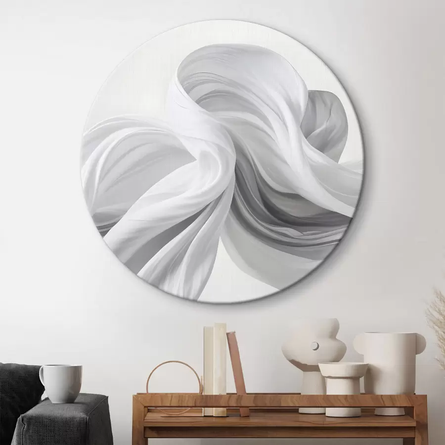 Pilt Voolavad valged ja hallid kangasekujulised vormid, mis keerlevad ja põimuvad heledal taustal r42732