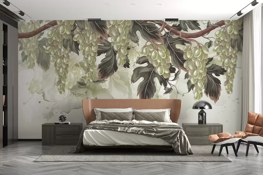 Fototapeedid Roheliste lehtedega viinapuu küljes rippuvad viinamarjad heledal taustal, millel on akvarellilaadsed tekstuurid w08696