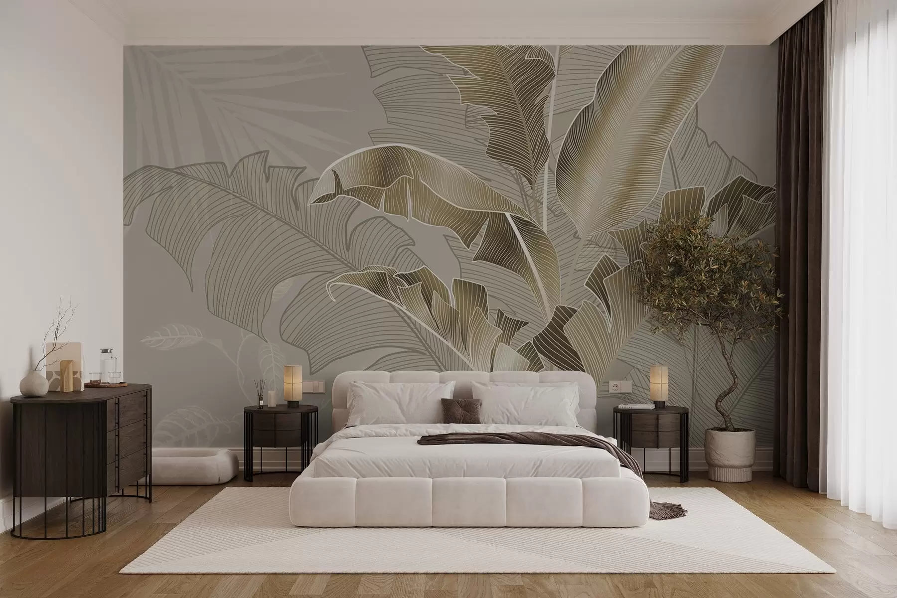 Fototapeedid Harmooniline kompositsioon troopilistest lehtedest beeži ja pruuni toonides, millel on üksikasjalik joontehnika w08698