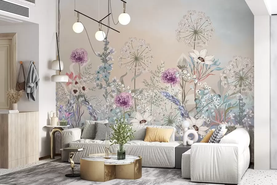 Fototapeedid Elavat värvi lilleaed erinevate lillede ja rohuga pehme pastelsete värvide gradientide tekstuuriga taustal w08699