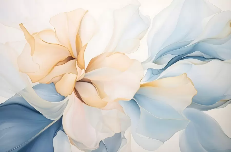 Fototapeedid Voolavad abstraktsed õie kroonlehed läbipaistvad ja kihilised kujundid pastelsetes värvides, virsiku ja siniste toonidega w08701
